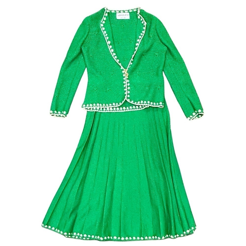 Vintage Adolfo New York Knit Skirt Suit Set Green & White | 70% Wool | Size S